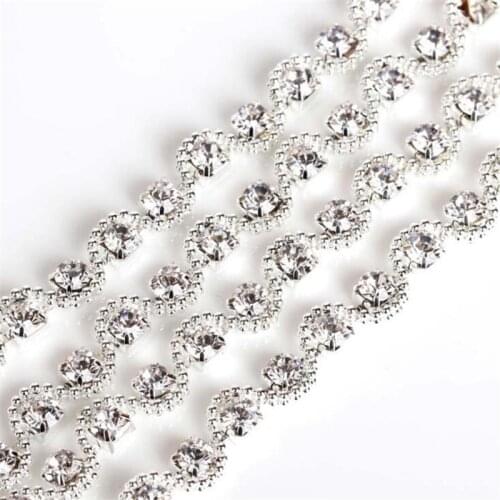 1Yard/Lot DIY Bling Silver Color Round Sew On Claw Crystal Rhinestones Chain Wedding Clothing Garment Hand Craft Art Decoration