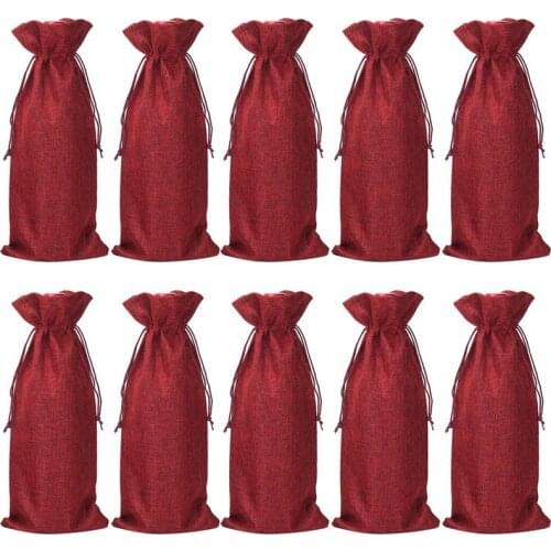 10Pcs Jute Wine Bags, 13.7 x 5.9 Inches Hessian Wine Bottle Gift Bags with Drawstring (Wine Red)