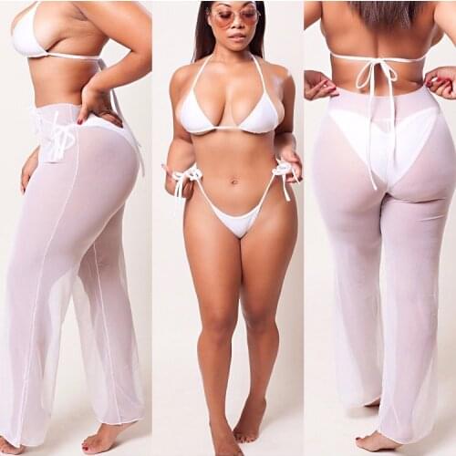2018 Lace Up Tie Sexy Women Mesh See Through Wide Leg Casual Pants Beach Sunscreen Bottom Summer Female Loose Transparent Pants