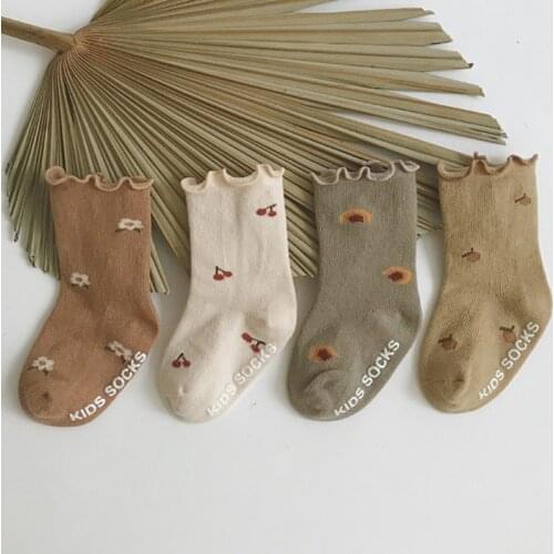 4 Pairs Toddlers Girls Frilly Socks Soft Cotton Baby Ankle Sock Flower Pattern Children Socks Anti Slip Infant Floor Sock 0-3Y