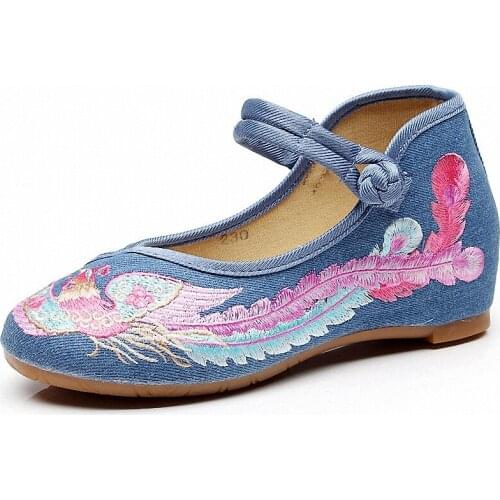 Retro Phoenix Embroidered Ladies Canvas Ballet Ankle Strap Shoes Non-Skid Soft Bottom Women Casual Denim Cotton Flats
