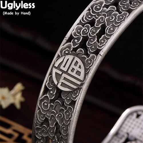 Uglyless Real Thai Silver Lucky Clouds Bangles for Women China Chic FU Hollow Open Bangles Adjustable 99.9% Full Silver Bracelet