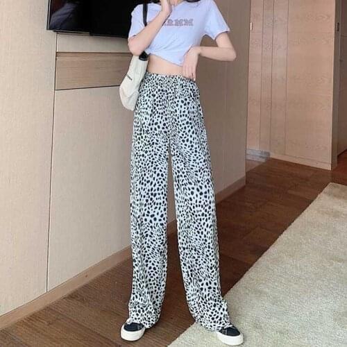 Leopard Print Wide Leg Pants Korean Fashion Summer Trousers for Female Loose Casual Elastic Waist Pockets Women Pants