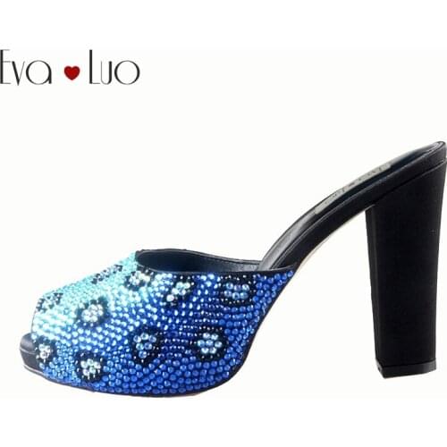 CHS617 Custom Handmade Royal Blue Leopard Crystal High Heel Block Heel African Women Slippers Wedding Shoes Big Size Women Shoes
