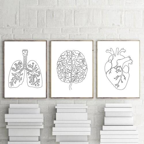 Human Anatomy Canvas Art Poster Abstract Brain Heart Lung Wall Painting Black And White Wall Art Print Pictures Clinic Decor