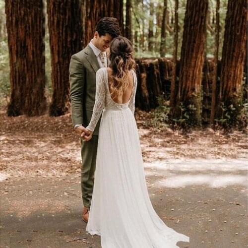 Graceful A Line Garden Lace Long Sleeves Bride Wedding Dresses Jewel Neck Wedding Gowns for Bride Open Back Floor Length Cheap