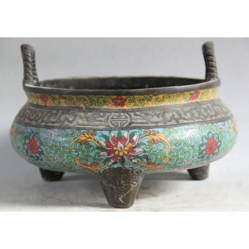 Collectible bronze S1839 10" Marked Chinese Cloisonne Bronze handle flower blossom Incense Burner Censer