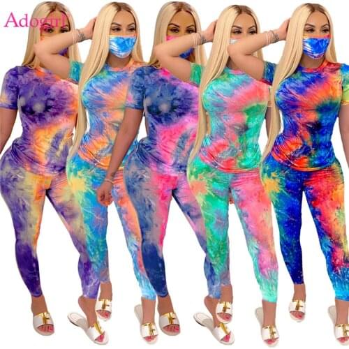 Adogirl Tie Dye Print Two Piece Set Women Casual Suit with Face Cover Short Sleeve T Shirt Top Pencil Pants Female Tracksuits