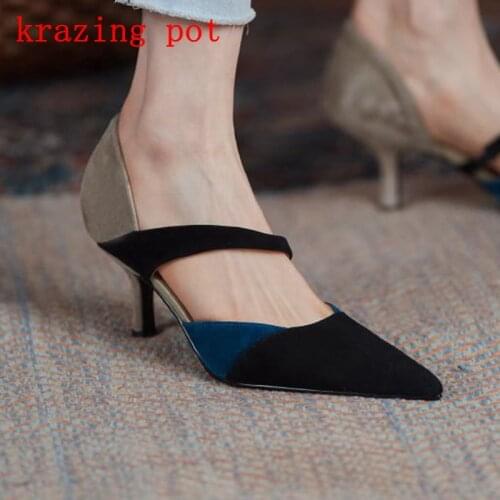 Krazing Pot sheep suede shallow pointed toe mixed luxury multicolor wedding high heels slip on brand party sexy women pumps L11