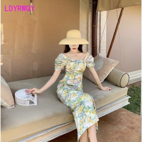 LDYRWQY 2021 new French shoulder temperament slim fit floral retro print waist - tucked dress