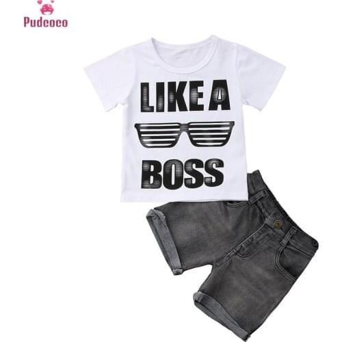 Summer 2 Pieces Toddler Kids Baby Boy Clothes Set Short Sleeve T-shirt +Denim Jeans Shorts Outfit Children Boys Clothing