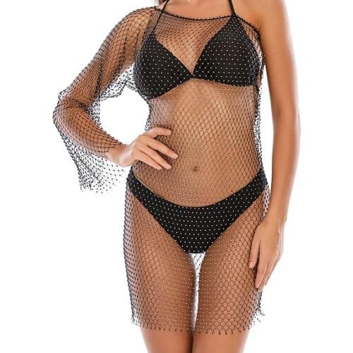 Hot Sale Fashion High Quality Lady Inlaid Diamond Summer Beach Bikini Big Mesh Dress Sexy Woman Lingerie