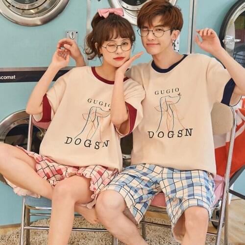Cute Stick Figure Cartoon Summer Couple Pajamas Cotton Short Sleeve Women Homewear Korean Fashion Plaid Shorts Lovers Nightwear