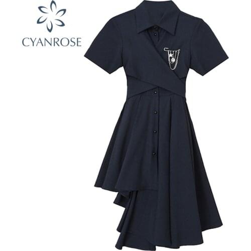Fashion New Korean Black Irregular Dress Women Summer 2021 Casual Preppy Close Waist Lapel Short Sleeve Mid-Length Dress Female