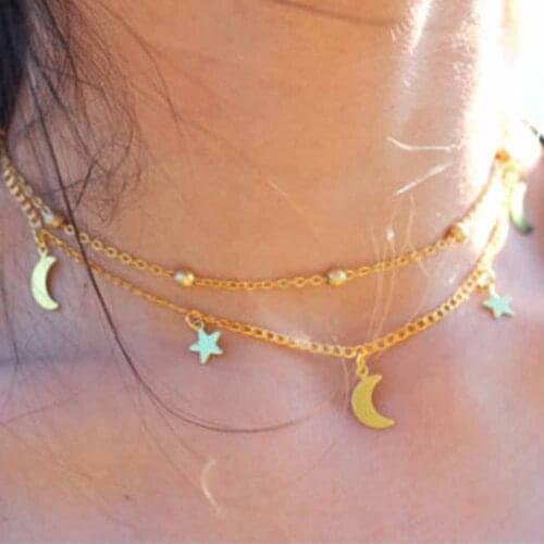 Fashion Gold Silver Color Star Moon choker necklace Women Multilayer Round Beads pendant clavicle chain necklace Boho Jewelry