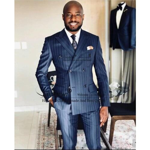 Fashion Pinstripe Mens Suits Slim Fit Office Formal Business Blazer Wedding Groom Tuxedo Prom Party Costume Homme (Jacket+pants)
