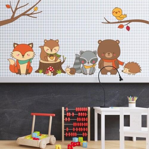 Cartoon Animal Wall Stickers for Kitchen Forest Fox Bear Squirrel Wall Decals Kids Room Aesthetic Room Decor Mural Removable
