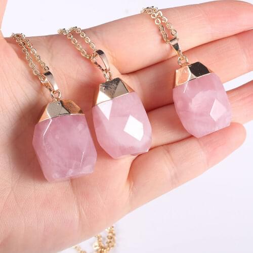 Wholesale Natural Rose Quartzs Stone Pendant Charms Pink Crystal Necklace Alloy Metal Chain Jewelry Box For Women Gifts