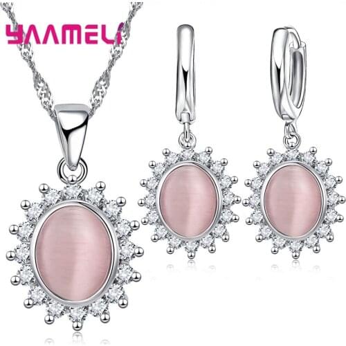 Summer Sale 925 Sterling Silver Oval Cats Eye Opal Gemtone Necklace Earrings Jewelry Sets Brilliant Cubic Zircon Flower Pendant