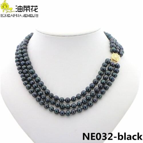 Fashion Charm Natural South Sea Pearl 3 Rows 7-8mm Bead Necklace Golden Button Accessories Woman Wedding Christmas Gift Jewelry