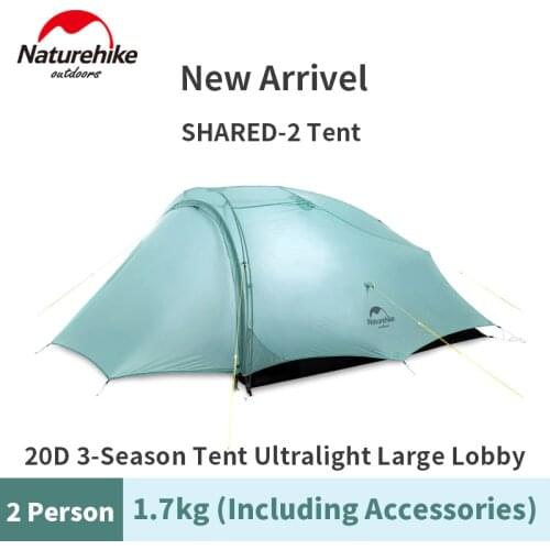 Naturehike SHARED-2 Tent 2 Person 1.7kg Large Lobby Camping Tent 20D Plaid Nylon Waterproof Tourist Tent WIth Free Floor Mat
