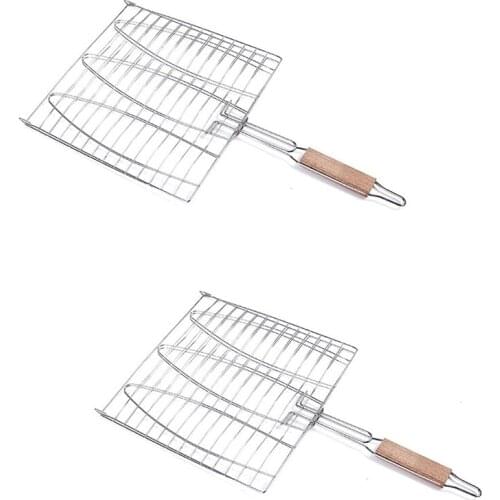 BBQ Fish Grill Net Barbecue Grilling Fish Rack Non-Stick Triple Fish Grilling Basket Wood Handle Barbecue Tool