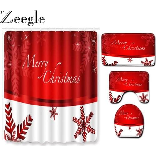 Zeegle Merry Christmas Polyester Waterproof Bath Curtain Anti-slip Bathroom Carpet Set Absorbent Microfiber Bath Foot Mat