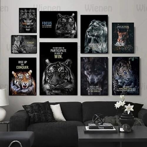 Modern Poster and Print Wild Animals Lion Tiger Motivational Inspiring Quotes Black White Canvas Painting Home Decor Wall Art