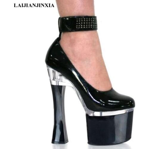 LAIJIANJINXIA Sexy High Platform 18cm Women Pumps Ankle Strap Patent Leather Bride Party Dress Shoes High Quality Fashion Shoes