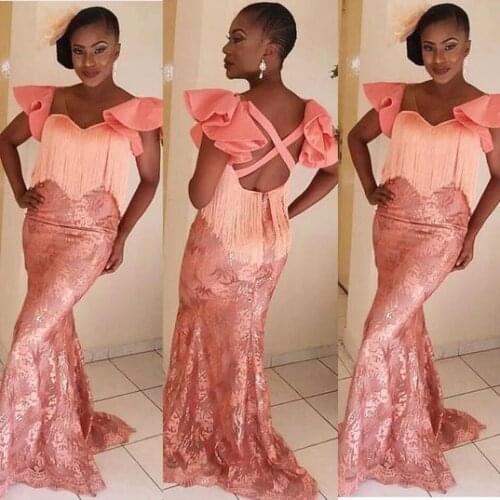 Evening Dress Plus Size Mermaid Appliques Tassels Sweetheart Cross Back Capped Ruffles Sleeves Formal Pageant Aso Ebi Gowns