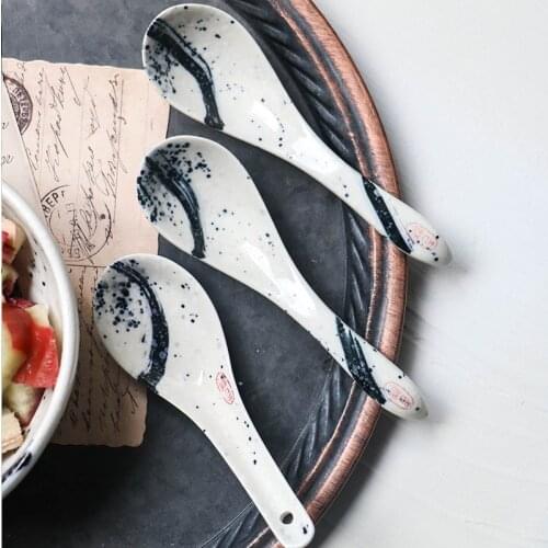 3Pcs Antowall Japanese Rice Spoon Dessert Porridge Soup Spoon Ceramic Underglazed Household Spoon
