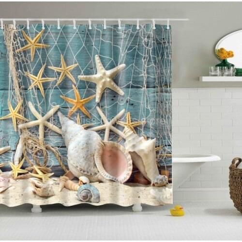 Sea Shell Starfish & Fishing Nets Design Custom Shower Curtain Bathroom Waterproof Mildewproof Fabric With 12 Hooks Multi-Size