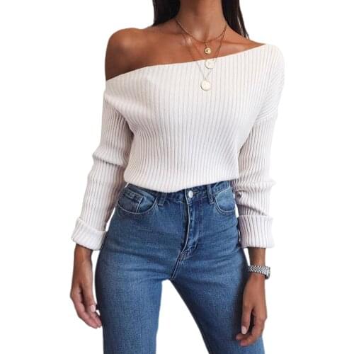 Women Sexy Solid Pullover Adults Long Sleeve Skew Collar Cold Shoulder Blouse Girls Spring Autumn Casual Knitted Bouses S-XL