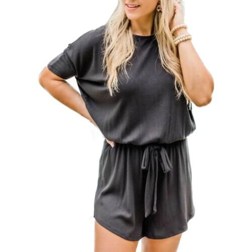 Women Shorts Casual Overalls Rompers Drawstring Girl Short Sleeve Jumpsuit Summer Onesies O-neck Sport Suits M