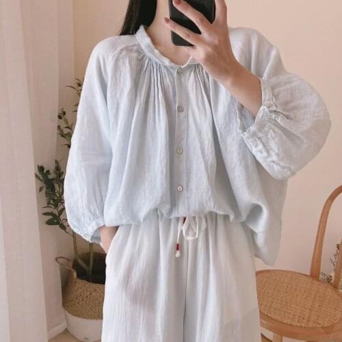 Johnature 2021 Spring Summer New Vintage Linen Shirts For Women Solid Color Loose Three Quarter Sleeve Tops