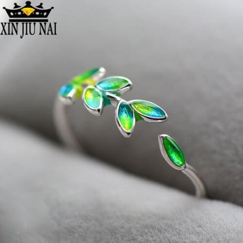 2019 Enamel Green Olive Branch Leaves Open Rings For Women Creative Lady Fashion Adjustable Jewelry Peaceful Leaves Emerald Ring