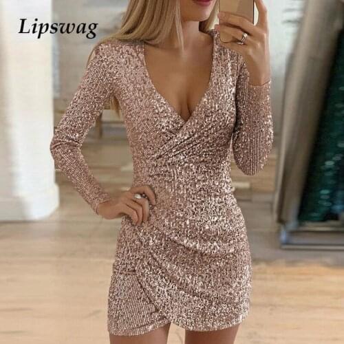 Women Hollow Out V-neck Slit Mini Dress Autumn Sexy Sequin Glitter Shiny Bodycon Dress Winter Long Sleeve Party Dresses Vestido