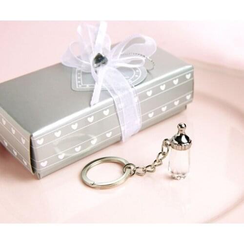 50pcs/lot New Baby Shower Favor Gifts Baptism Christening Guest Souvenirs Crystal Milk Bottle Keychain Key Ring ZA4409