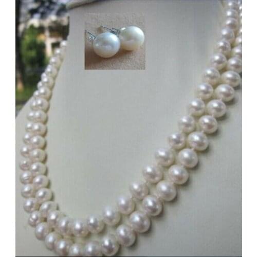 Long 50" 8-9mm Natural White Cultured Pearl Necklace + Silver Earrings Set