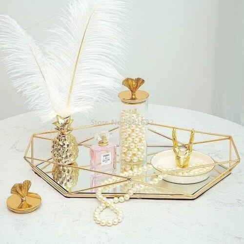 European Metal Glass Jewelry Display Plate Geometric Tray Mirror Rose Gold Jewelry Storage Ring Dish Decoration Shelf