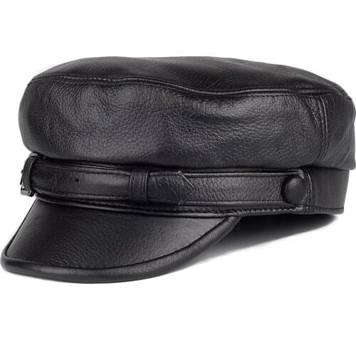 Unisex South Korean Style Genuine Leather Fitted Flat Hat For Man Woman Personality Locomotive Punk Black Baseball Caps