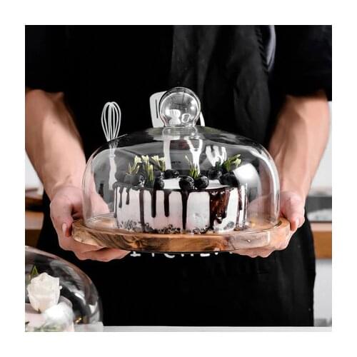 KINGLANG Acacia Wooden European Style Creative Fruit Plate With Glass Cover Wedding Baking Cake Tray Rotating Display Plate