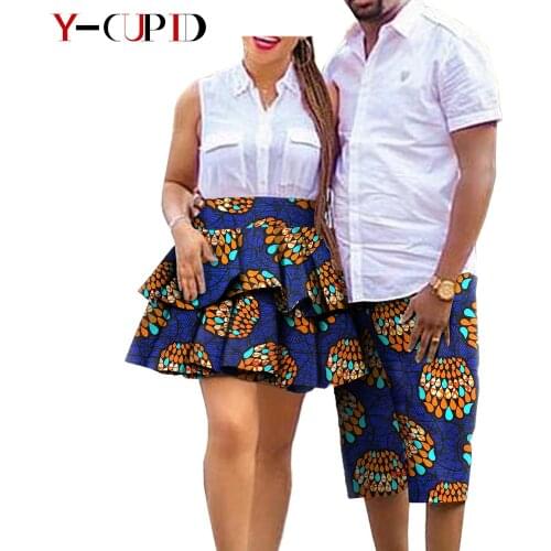 African Clothes for Couples Bazin Riche Women Ruffles Print Mini Skirt Matching Men Outfits Summer Ankara Half Pants YA20C010