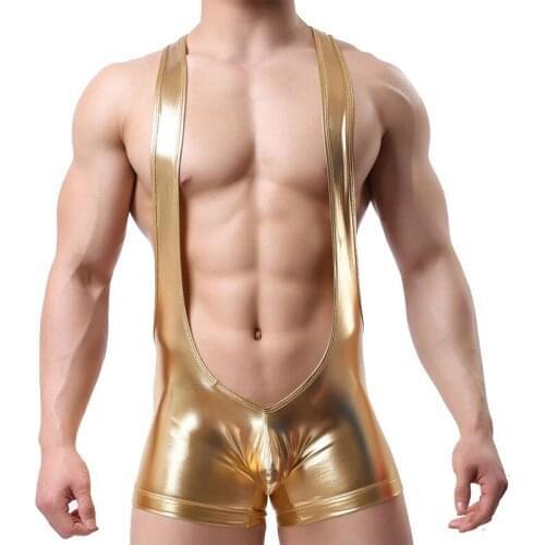 Men Metallic Bodycon Tank Bodysuit Sleeveless Hallow Out Jockstrap Jumpsuit High Cut Bulge Pouch Catsuit Teddies Sissy Clubwear
