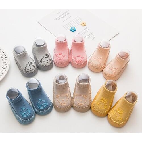 0-14 Months Newborn Baby Toddler Footwear Socks, Anti-slip Dispensing PU Leather Sole Cartoon Animal Pattern