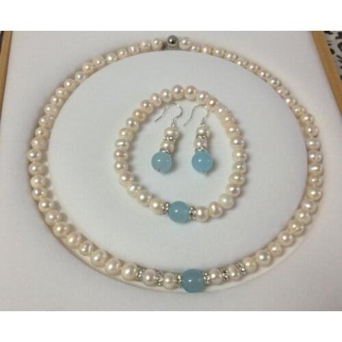 NEW 7-8mm White Pearl Aquamarine Necklace Bracelet Earring Set