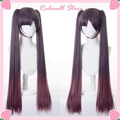 Genshin Impact Mona Cosplay Gradient Dark Purple Wig Pigtails Synthetic Long Straight Heat Resistant Women Free Wig Cap