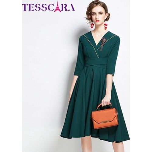 TESSCARA Women Autumn & Winter Elegant Dress Festa High Quality Long Office Party Robe Femme V-neck Designer A-line Vestidos
