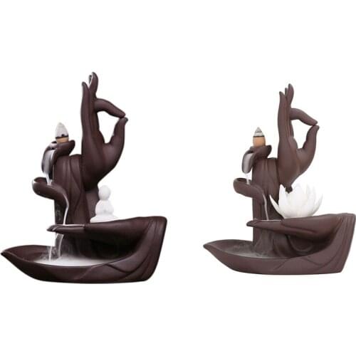 Zen Buddha Hand Incense Burners Backflow Incense Burner Holder Lotus Home Decor Censer With 20PCS Incense Cones