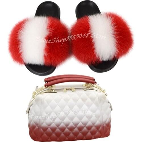 Slides Women Furry Fox Fur Slippers Home Flat Comfort Female Sandals Mixed Color Jelly Handbag Fashion Chain Jelly Purse Set